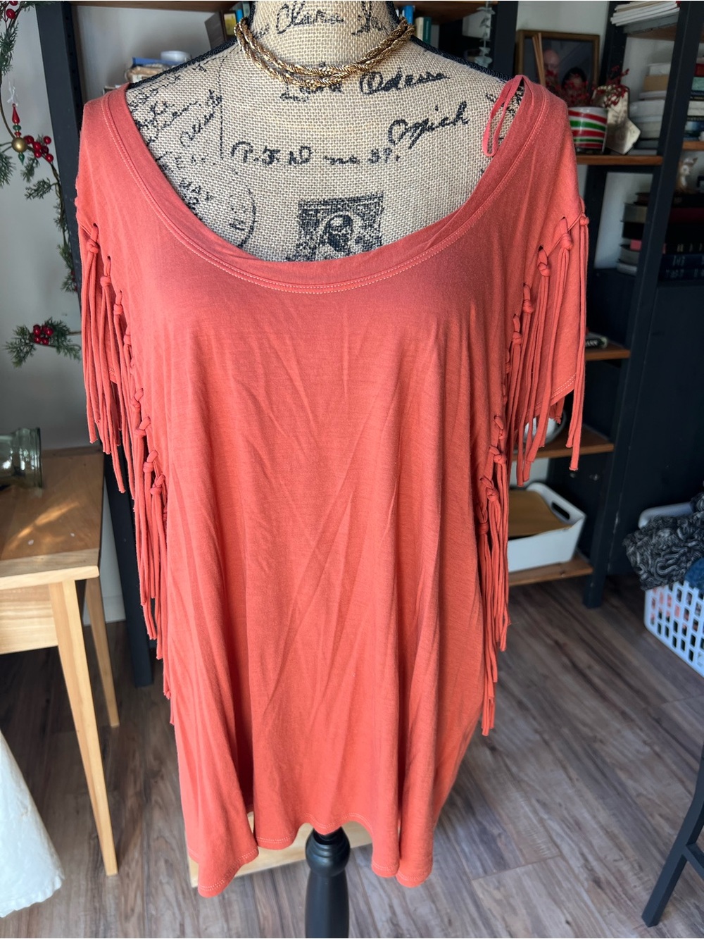 Free People Rust Fringe-Sleeve Tunic Top